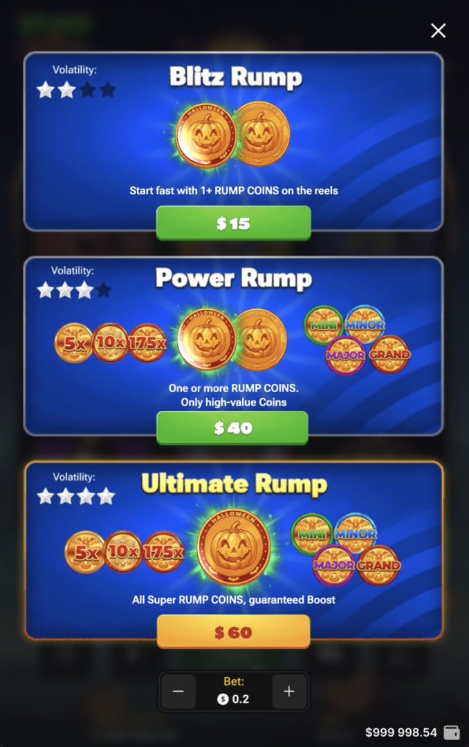 Opzioni Buy Bonus di Rump & Halloween in colonna su smartphone