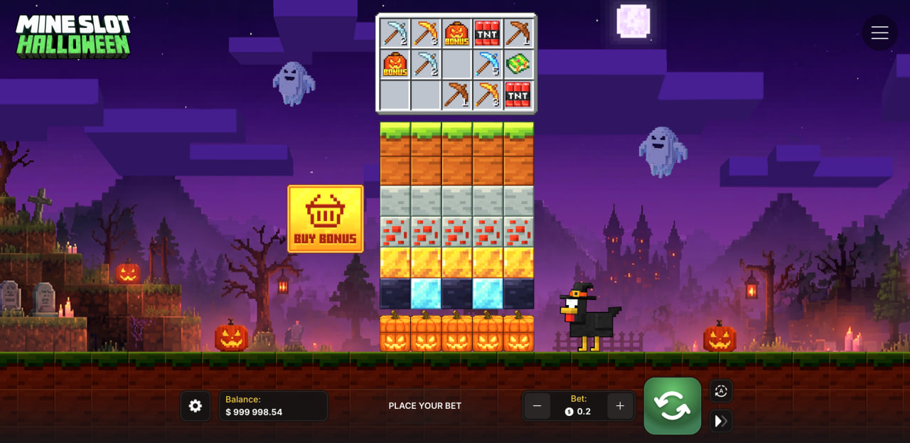 Interfaccia di Mine Slot Halloween con colonne di blocchi, attrezzi e pulsante Buy Bonus