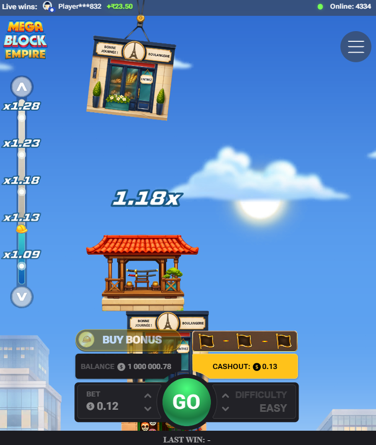 Interfaccia verticale di MegaBlock Empire su smartphone