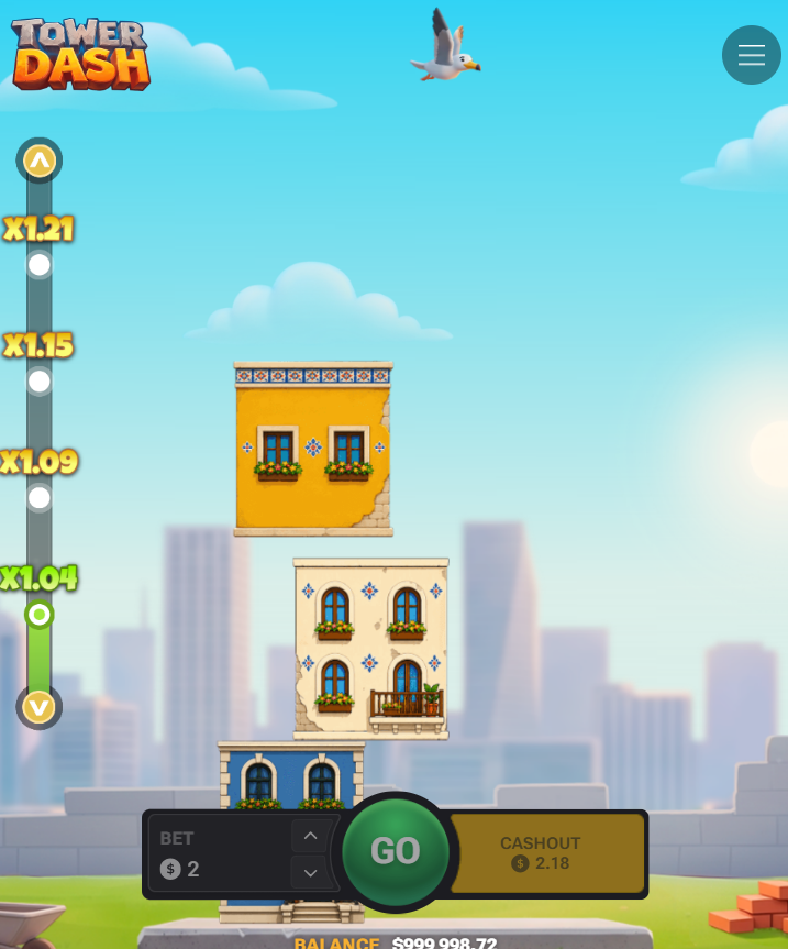 Vista verticale di Tower Dash su smartphone con Go e Cashout