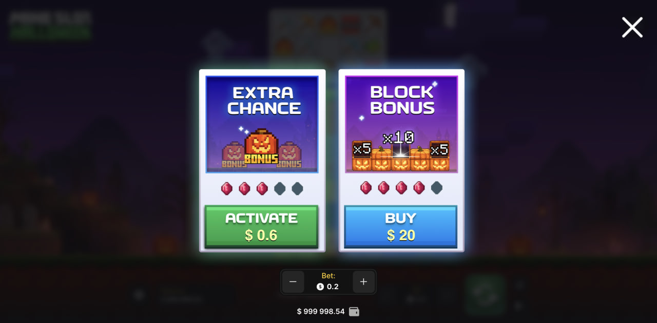 Finestra con Extra Chance e Block Bonus di Mine Slot Halloween su computer
