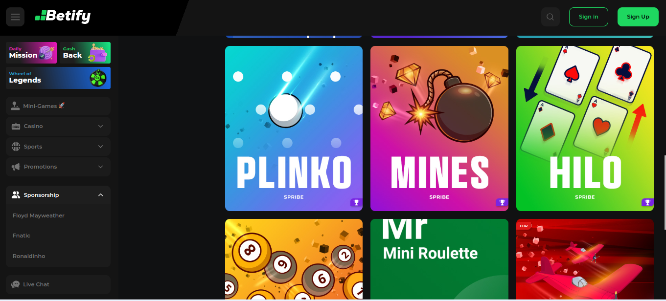 Lobby mini-giochi di Betify con Plinko, Mines e Hilo
