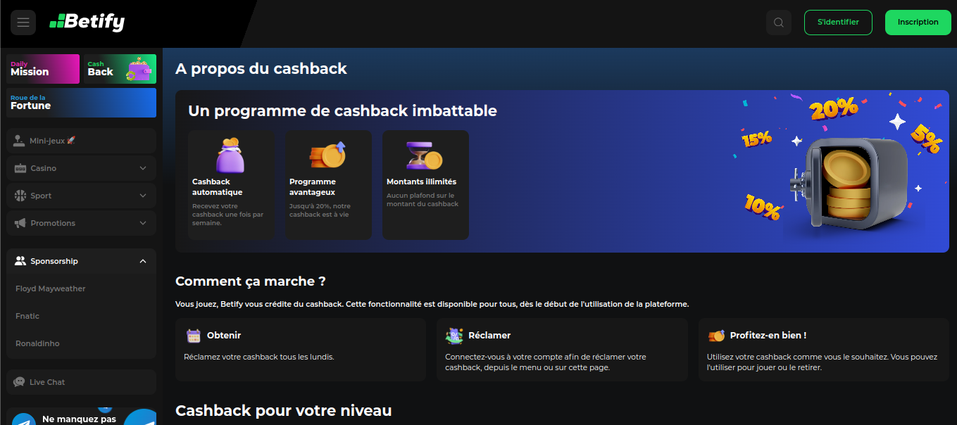 Schermata del cashback settimanale di Betify