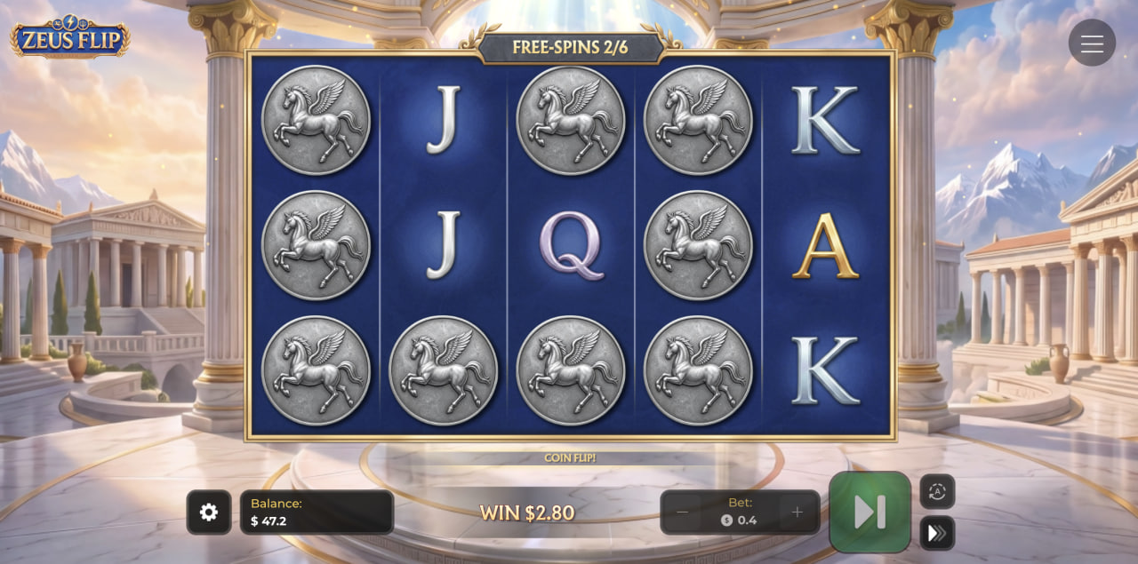 Rulli di Zeus Flip in Free Spins con monete Pegaso generate dal Coin Flip